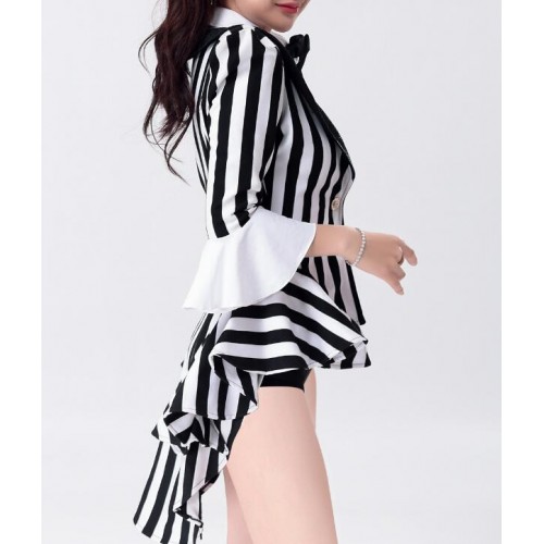 Black and white striped women's girl's singers dancers night club bar magician cosplay jazz  dance tuxedo tops and shorts costumes